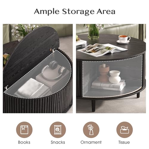 Round Coffee Table with Storage for Living Room (Charcoal Black)