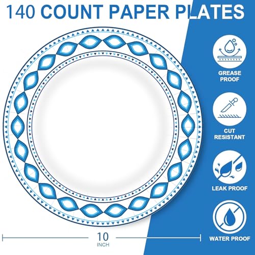 140 Pack 10 Inch Disposable Heavy Duty Blue Printed Paper Plates (Blue / 10 in)