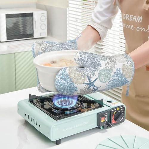 Nautical Coastal Oven Mitts and Pot Holders Sets Silicone Starfish Seashell Coral Beach Themed Kitchen Mitts Potholders Heat Resistant 4Pcs Ocean Oven Gloves Hot Pads for BBQ Grilling (Nautical Coastal)