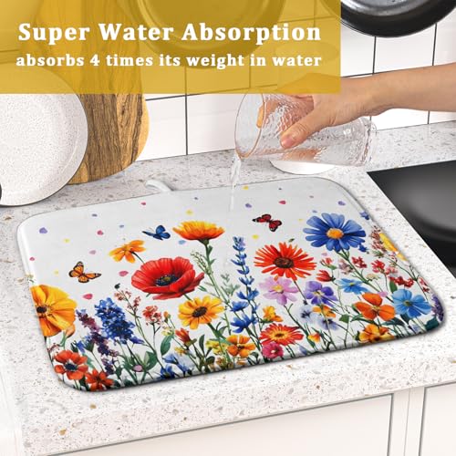 Watercolor Flower Dish Drying Mat 16x18 Inch Floral Butterfly Dish Drainer Protector Pad Washable Reversible Kitchen Counter Dish Dry Pad (Watercolor Flower / 16" x 16")