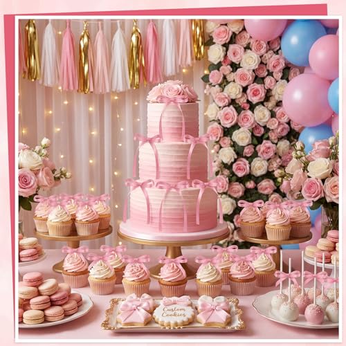 30 Pack Bow Cake Toppers Rose Pink Ribbon Bows for Cake (Rose Pink)