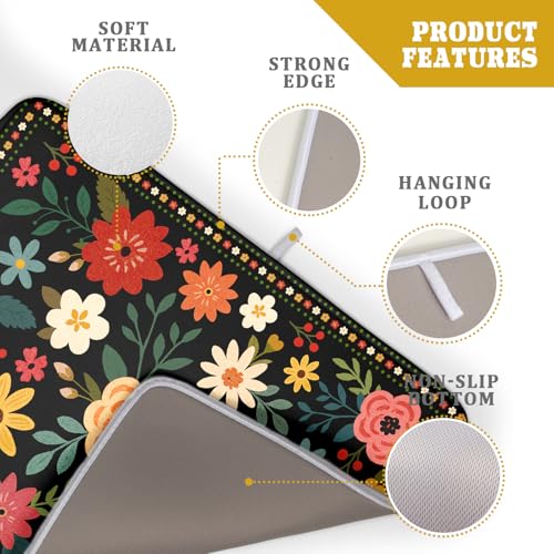 Boho Floral Dish Drying Mat 18x24 Inch Colorful Flower Dishes Dry Mats Absorbent Washable Drainer Rack Pad Protective Kitchen Counter Decor (Black Boho Floral / 24" x 18")
