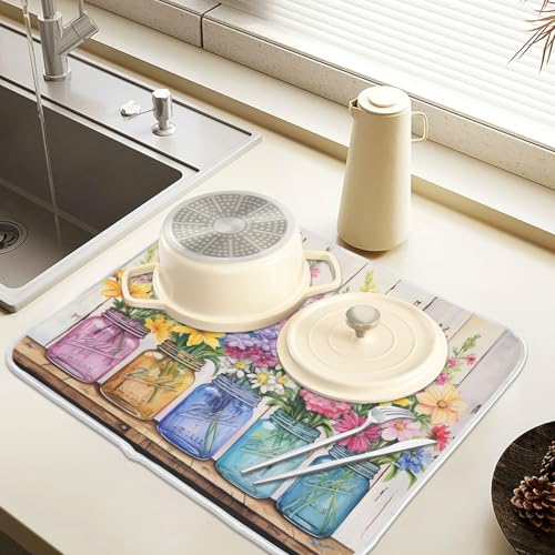 Spring Floral Jars Rustic Dish Drying Mat for Kitchen Counter Absorbent Microfiber Large Drying Pad Flowers Dish Mats for Kitchen Countertops 18 x 24 Inch (24" x 18")