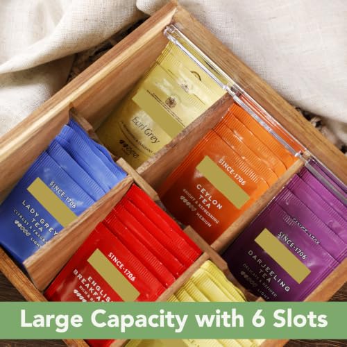 Acacia Wood Tea Bag Organizer Storage Box with 6 Compartments (Compact-Acacia Wood)