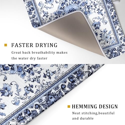 Boho Floral Dish Drying Mat 18x24 Inch Blue Leaves Kitchen Drying Pad Reversible Absorbent Dish Drainer Rack Mats Counter Tableware Decor (Blue Boho Floral / 18" x 24")