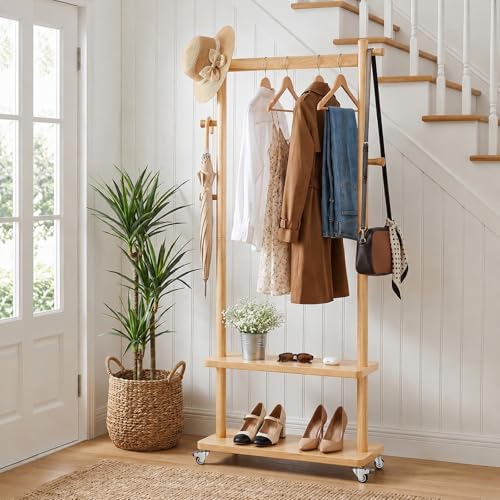 Coat Rack Freestanding Solid Wood Clothes Rack with Wheels