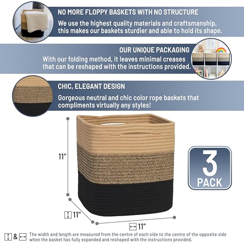 Storage Cubes 11 Inch Cotton Rope Woven Baskets for Organizing (3-Tone Black & Tan Brown)