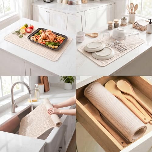 Silicone Dish Drying Mat for Multiple Usage (Tapioca / 32"L x 18"W)