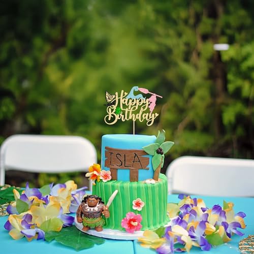 1Pcs Summer Cake Topper Glitter Tree Flower Happy Birthday Cake Pick Decoration for Tropical Hawaiian Luau Theme Baby Shower Kids Birthday Party Cake Decorations Supplies Gold (Gold 4)