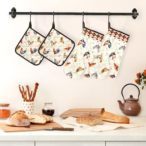 Farmhouse Rooster Oven Mitts and Pot Holders Set (Roosters / Oven Mitt x2 & Pot Holder x2)