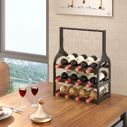 Bamboo Wine Rack Countertop (Black 3-tier With Glass Holder)