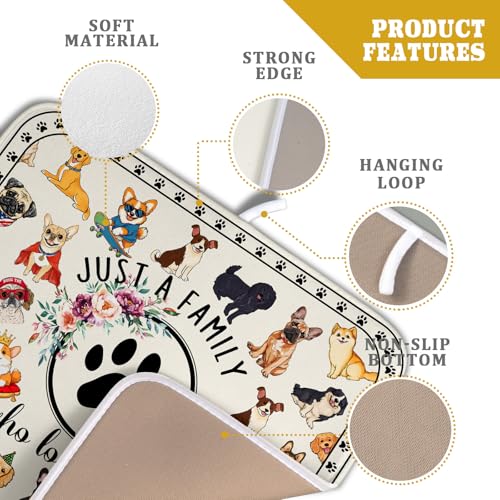 Cute Dog Dish Drying Mat Absorbent Printed Drying Pad for Pet Lover (Dog Family White / 18" x 16")