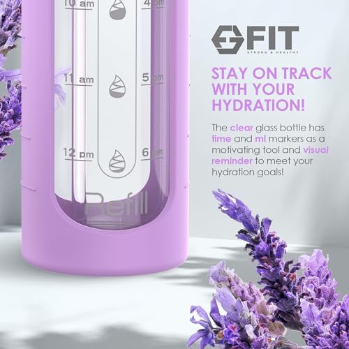 32oz Glass Water Bottle with Straw Lid & Time Marker (Lavender Sleeve)