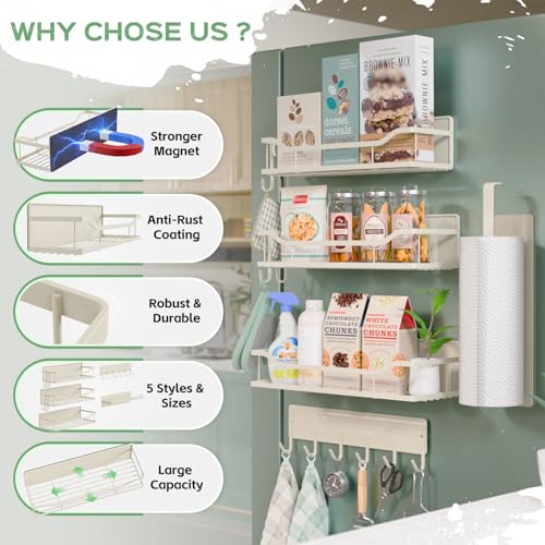 5 Pack Multifunctional Magnetic Shelves for Refrigerator Spice Rack & Washing Machine Organize (Flat style, Cream)