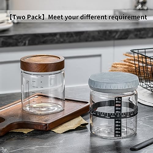 Sourdough Starter Jar 2Pack 35OZ with Ounce Scale Line (Wood Lids-2 Pack)