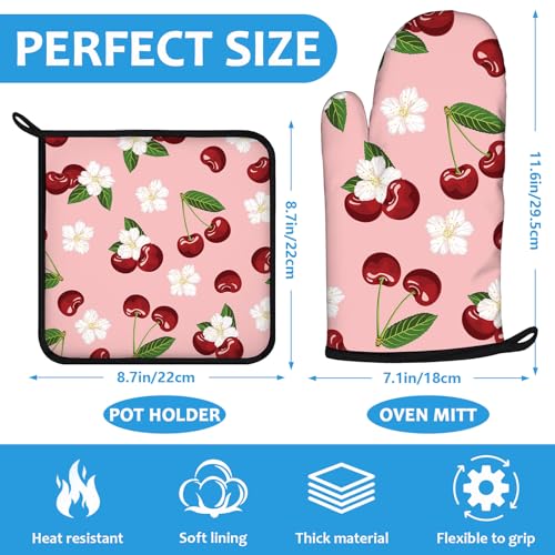 Cherry Oven Mitts and Pot Holders Sets Heat Resistant 4Pcs White Flower Potholders Oven Gloves Hot Pads for Kitchen Baking Cooking Grilling BBQ (Cherry Flower)