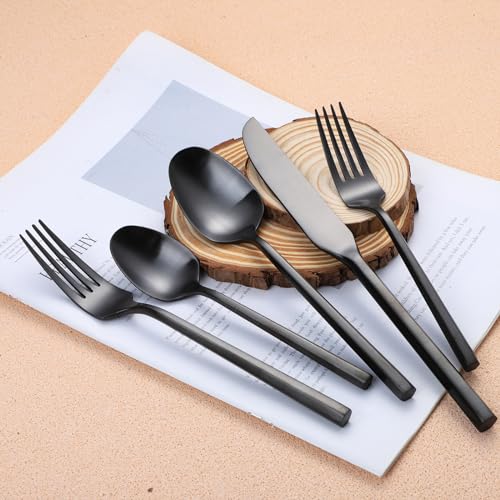 Matte Silverware Set Black Flatware Set with Hexagon Handle 20 Pieces 18 (Matte Black)