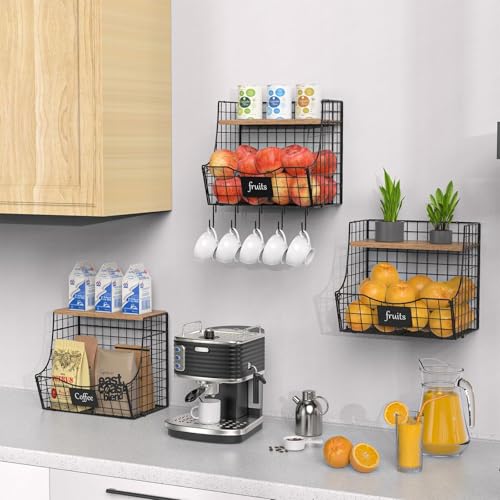 3 Pack wire Fruit Basket for Kitchen with Wood Lid (L-Black)