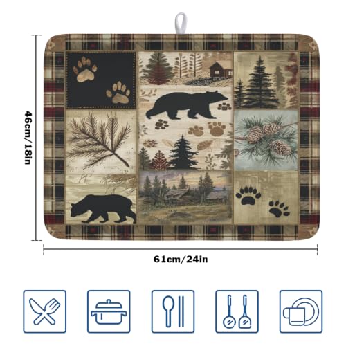 Black Bear Dish Drying Mat Forest Cabin Decorative Dishes Pad 18x24 Inch Absorbent Fast Dry Dish Drainer Rack Mats for Kitchen Counter Sink (Black Bear / 18x24 inch)