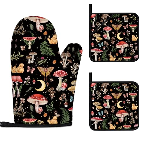 Mushroom Oven Mitts and Pot Holders Sets Cute Oven Gloves Heat Resistant 4 Pcs Funny Decorative Kitchen Hot Pads and Mitts for Baking Cooking Grilling (Black Red)