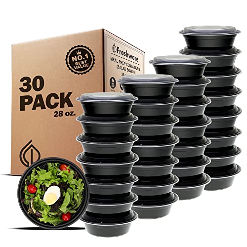 Meal Prep Bowl Containers [30 Pack] Plastic Bowls with Lids for Soup and Salad (Black / 28OZ-30PK)