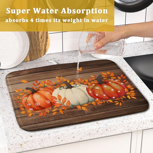 Autumn Pumpkin Dish Drying Mat Rustic Wood Dish Drainer Mats Fast Dry Microfiber Reversible Dish Drying Pad Kitchen Decoration 16x18 inch (Pumpkin Wood / 16 x 18 inch)