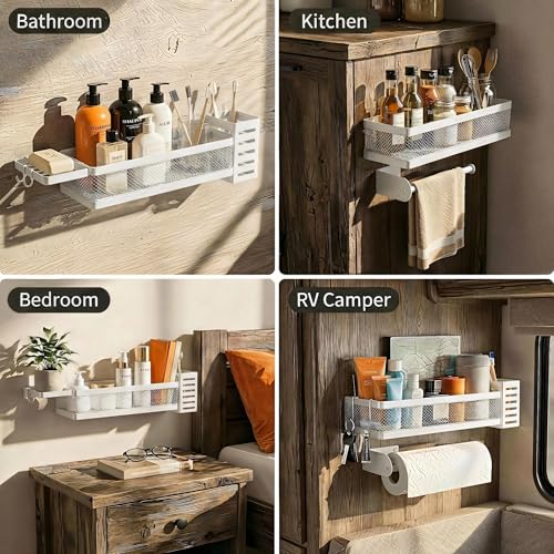 5-in-1 Wide Wall Mount Wrapped Mesh Kitchen Organizer & Shower Caddy Kit, with Paper Towel Holder, Utensil Holder, Soap Dish, Heavy Duty 50LBS - White, Netting (White / 5-in-1 Full Mesh (12.6" Wide))