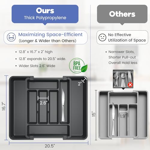 Large Silverware Organizer Tray for Kitchen Drawer Utensils Thicker (Dark Charcoal)