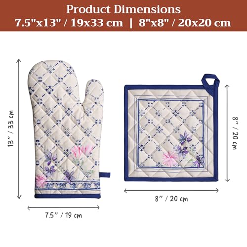 100% Cotton Oven Mitt & Pot Holder Set (015 - Faience / 7.5" x 13" & 8" x 8" (Oven Mitt & Pot Holder))