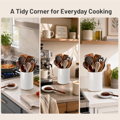 Ceramic Utensil Holder with Spoon Rest for Kitchen Counter (White & Spoon Rest 6.4'')