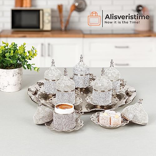 Lale Crystal Turkish Coffee Set with Tray (Silver)