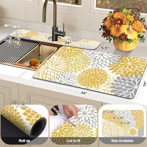2Pcs Fall Dish Drying Mat & Sink Splash Guard (Yellow / 16" X 24" + 24" X 5.5")