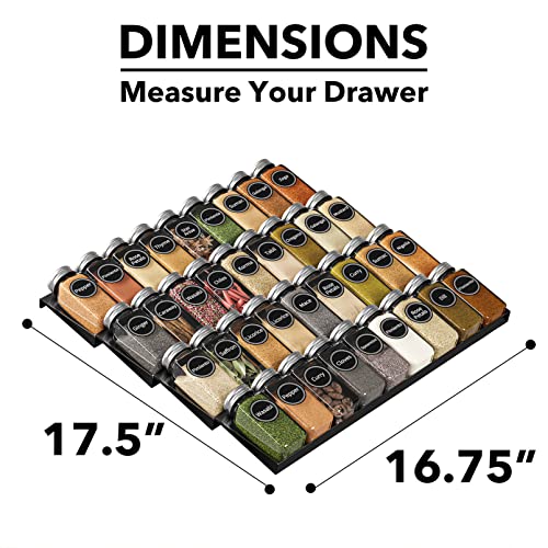 Spice Drawer Organizer with 36 Spice Jars (36 Jars, 16.75" Wide)