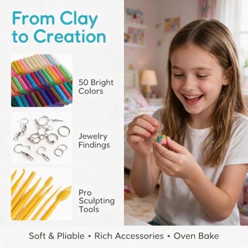 Polymer Clay 50 Colors Oven Bake Modeling Clay Kit with Jewelry Tools