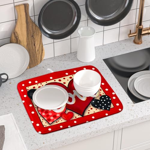 Love Heart Dish Drying Mat 16"x18" Red Dots Microfiber Dish Rack Mat Holiday Absorbent Fast Dry Draining Pad for Kitchen Counter Bar Sinks (Love Heart / 16" x 18")