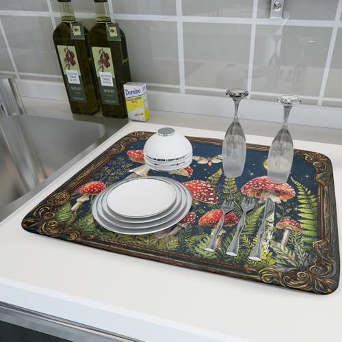 Mushroom Dish Drying Mat Absorbent Dish Drainer for Coffee Bar Kitchen Counter (Funny Mushroom 829 / 24" x 18")