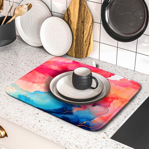 Ink Painting Dish Drying Mat Abstract Art Microfiber Drying Pads Kitchen Washable Dish Drainer Pad 16 x 18 Inch (Flowing Texture 0952 / 18" x 16")
