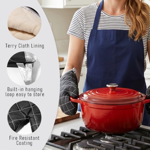 15" 482°F Terry Cloth Oven Mitts 100% Cotton Set of 2 (Black / 15 inch)