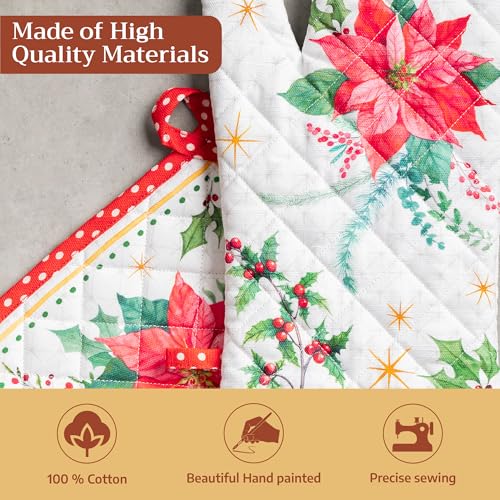 100% Cotton Oven Mitt & Pot Holder Set (117 - Poinsettia Christmas / 7.5" x 13" & 8" x 8" (Oven Mitt & Pot Holder))