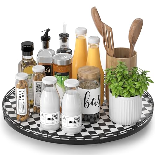 16 Inch Black and White Checkerboard Lazy Susan Decorative Tray (Black & White / 16 inches)