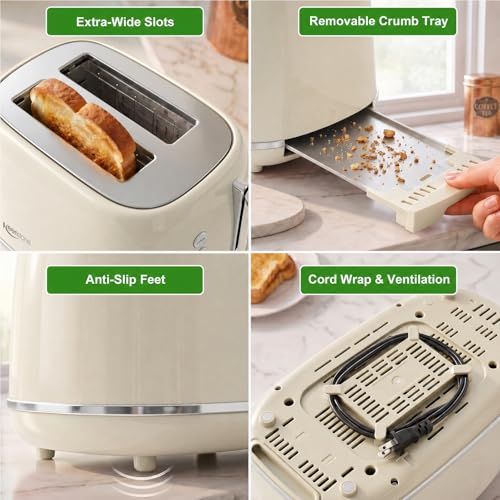 Toasters 2 Slice Retro Stainless Steel Toasters with Bagel (2 Slice / Beige)