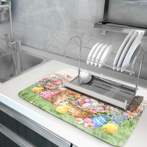 Easter Rabbit Eggs Dish Drying Mat for Kitchen Counter 18x24 Inch Spring Flowers Large Microfiber Dish Drainer Rack Mats (Colorful Easter Bunny / 24" x 18")