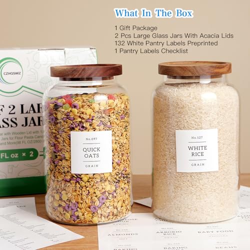 Set of 2 Large Glass Jar with Airtight Acacia Lid and 132 Kitchen Pantry Labels (2800ml)