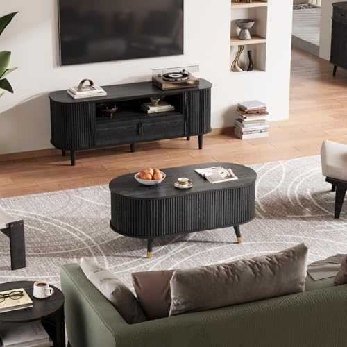Oval Lift Top Coffee Table with Storage for Living Room (Matte Black)