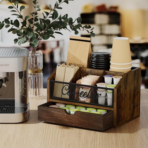 Coffee Station Organizer with Drawer for Countertop (Iron Mesh-Vintage Brown / 2 Tier)