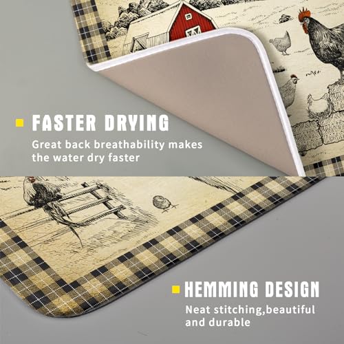 Farmhouse Rooster Dish Drying Mat 16x18 Inch Country Chicken Absorbent Dish Drainer Mat Reversible Countertops Protector Pad Kitchen Accessories (Farmhouse Rooster / 16" x 18")