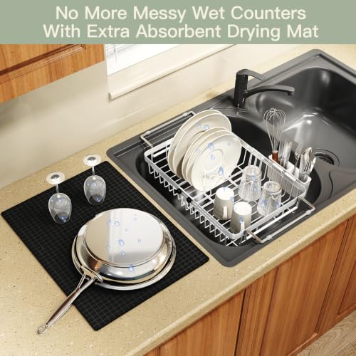White Expandable Dish Drying Rack Over Sink with Extra Drying Mat (White / For 13"-30" W Sink with Mat)