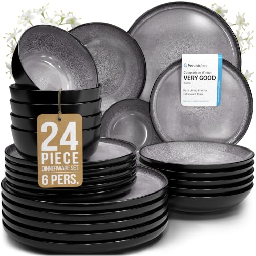 24 Piece Stoneware Dinnerware Set for 6 (Dark / Dark Gray / Set for 6 (24pcs))