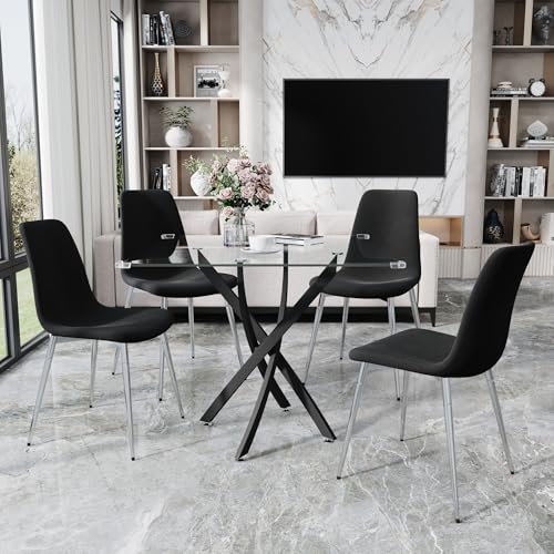 36” Square Glass Dining Table Set for 4 (Black Square Table/Black Velvet Chairs / 5 Pieces)