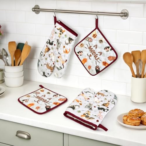 Cute Cat Oven Mitts and Pot Holders Set (Cat / Oven Mitt x2 & Pot Holder x2)